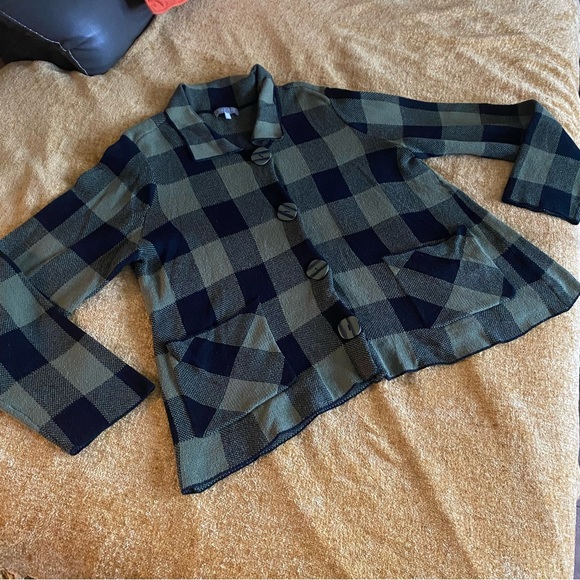 Habitat Knit Button Cardigan Black & Green Buffalo Plaid Long Sleeve Size Large - Picture 13 of 16